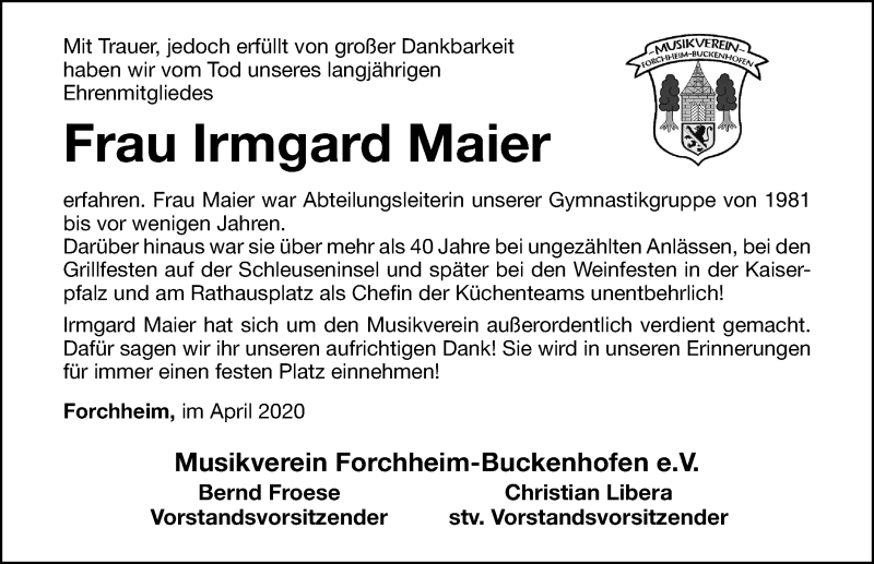  Traueranzeige für Maier Irmgard vom 25.04.2020 aus Nordbayerische Nachrichten Forchheim Lokal