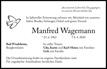 Traueranzeige von Manfred Wagemann von Windsheimer Zeitung Lokal