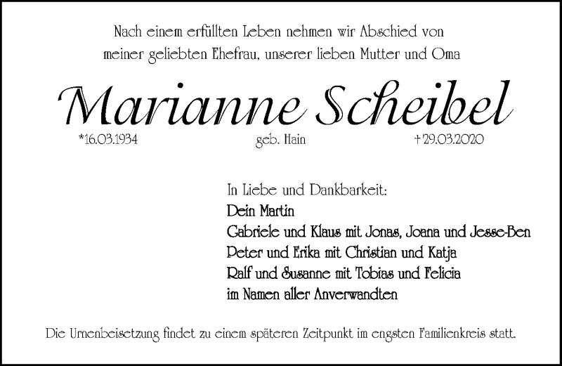  Traueranzeige für Marianne Scheibel vom 01.04.2020 aus Schwabach