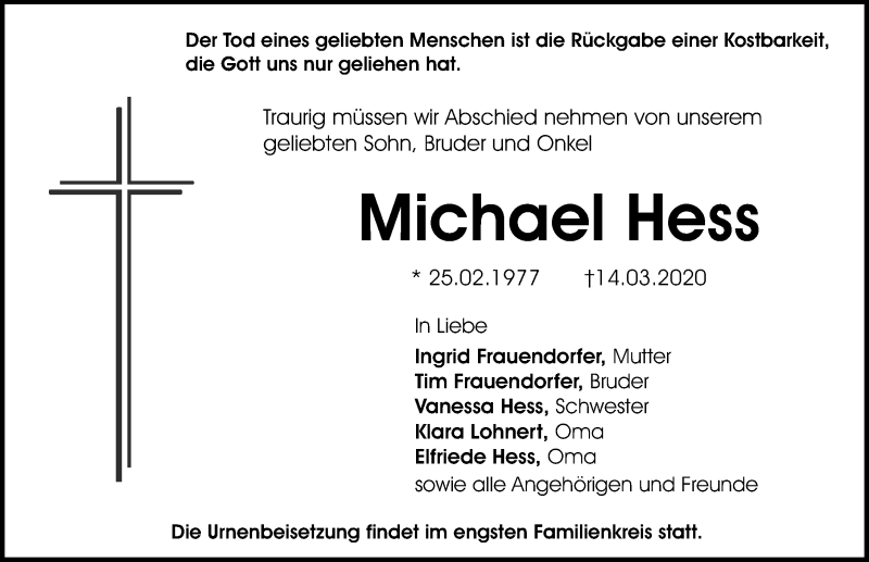  Traueranzeige für Michael Hess vom 28.03.2020 aus Erlanger Nachrichten Lokal