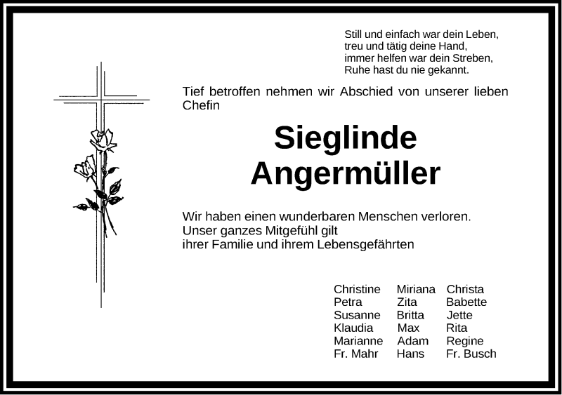  Traueranzeige für Sieglinde Angermüller vom 30.04.2020 aus Erlanger Nachrichten Lokal