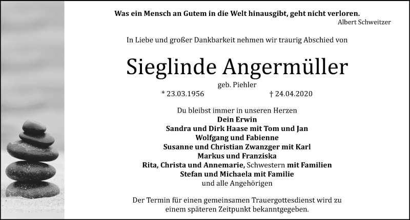  Traueranzeige für Sieglinde Angermüller vom 28.04.2020 aus Erlanger Nachrichten Lokal