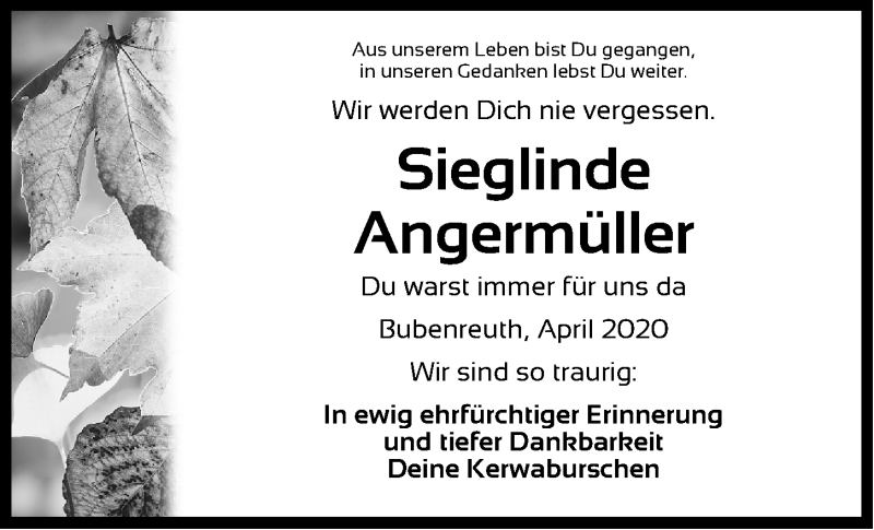  Traueranzeige für Sieglinde Angermüller vom 29.04.2020 aus Erlanger Nachrichten Lokal