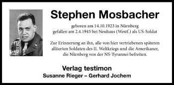 Traueranzeige von Stephen Mosbacher von Gesamtausgabe Nürnberger Nachrichten/ Nürnberger Ztg.