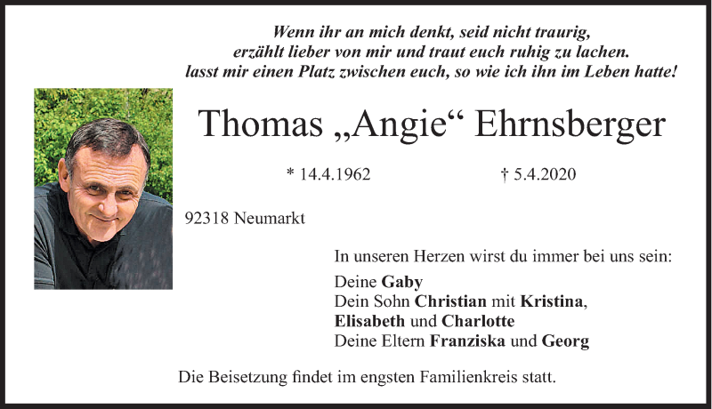  Traueranzeige für Thomas Ehrnsberger vom 08.04.2020 aus Neumarkter Nachrichten Lokal