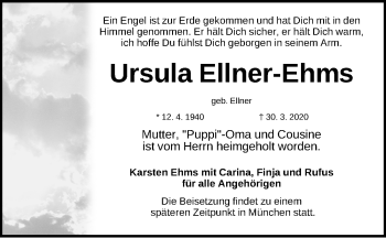 Traueranzeige von Ursula Ellner-Ehms von Gesamtausgabe Nürnberger Nachrichten/ Nürnberger Ztg.