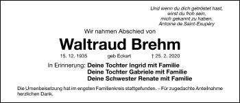 Traueranzeige von Waltraud Brehm von Gesamtausgabe Nürnberger Nachrichten/ Nürnberger Ztg.