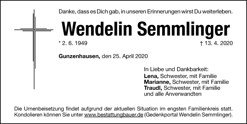  Traueranzeige für Wendelin Semmlinger vom 25.04.2020 aus Altmühl-Bote Lokal