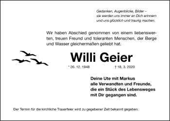 Traueranzeige von Willi Geier von Nordbayerische Nachrichten Forchheim Lokal