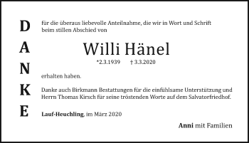 Traueranzeige von Willi Hänel von Gesamtausgabe Nürnberger Nachrichten/ Nürnberger Ztg.