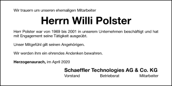 Traueranzeige von Willi Polster von Nordbayerische Nachrichten Herzogenaurach Lokal