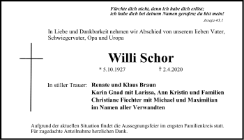 Traueranzeige von Willi Schor von Erlanger Nachrichten Lokal