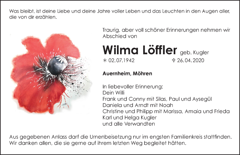  Traueranzeige für Wilma Löffler vom 29.04.2020 aus Weißenburger Tagblatt u.Treuchtlinger Kurier Lokal