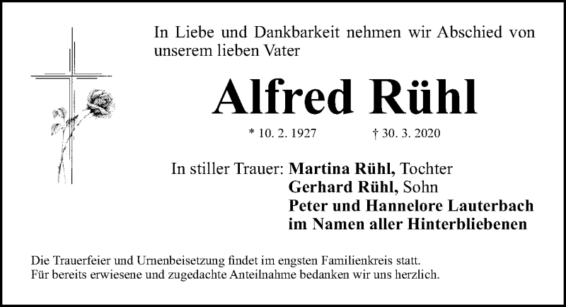  Traueranzeige für Alfred Rühl vom 23.05.2020 aus Erlanger Nachrichten Lokal