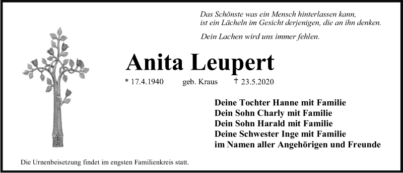  Traueranzeige für Anita Leupert vom 30.05.2020 aus Erlanger Nachrichten/ Nordbayer. Nachrichten Herzogenaurach/ Nordbayer. Nachrichten Forchheim
