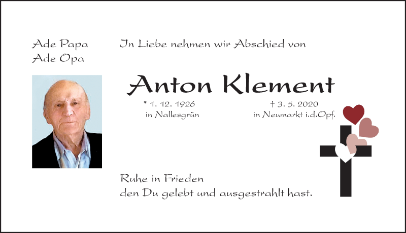  Traueranzeige für Anton Klement vom 06.05.2020 aus Fürther Nachrichten Lokal