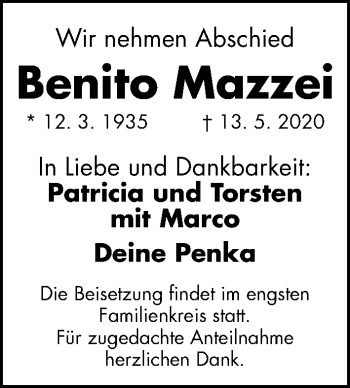 Traueranzeige von Benito Mazzei von Gesamtausgabe Nürnberger Nachrichten/ Nürnberger Ztg.