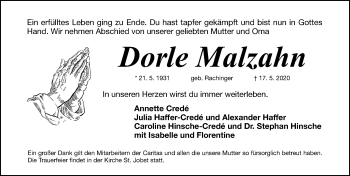 Traueranzeige von Dorle Malzahn von Gesamtausgabe Nürnberger Nachrichten/ Nürnberger Ztg.