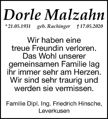 Traueranzeige von Dorle Malzahn von Gesamtausgabe Nürnberger Nachrichten/ Nürnberger Ztg.