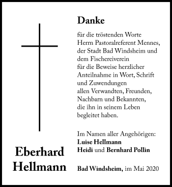 Traueranzeige von Eberhard Hellmann von Windsheimer Zeitung Lokal