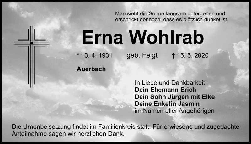  Traueranzeige für Erna Wohlrab vom 21.05.2020 aus Nordbayerische Nachrichten Pegnitz Lokal