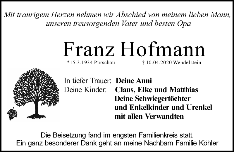 Traueranzeige für Franz Hofmann vom 01.05.2020 aus Schwabach