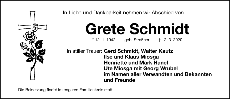  Traueranzeige für Grete Schmidt vom 09.05.2020 aus Gesamtausgabe Nürnberger Nachrichten/ Nürnberger Ztg.
