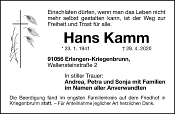 Traueranzeige von Hans Kamm von Gesamtausgabe Nürnberger Nachrichten/ Nürnberger Ztg.