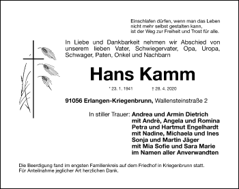 Traueranzeige von Hans Kamm von Erlanger Nachrichten Lokal