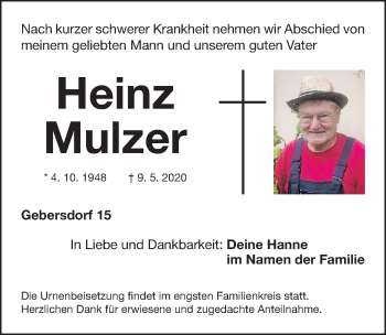 Traueranzeige von Heinz Mulzer von Roth-Hilpoltsteiner Volkszeitung Lokal