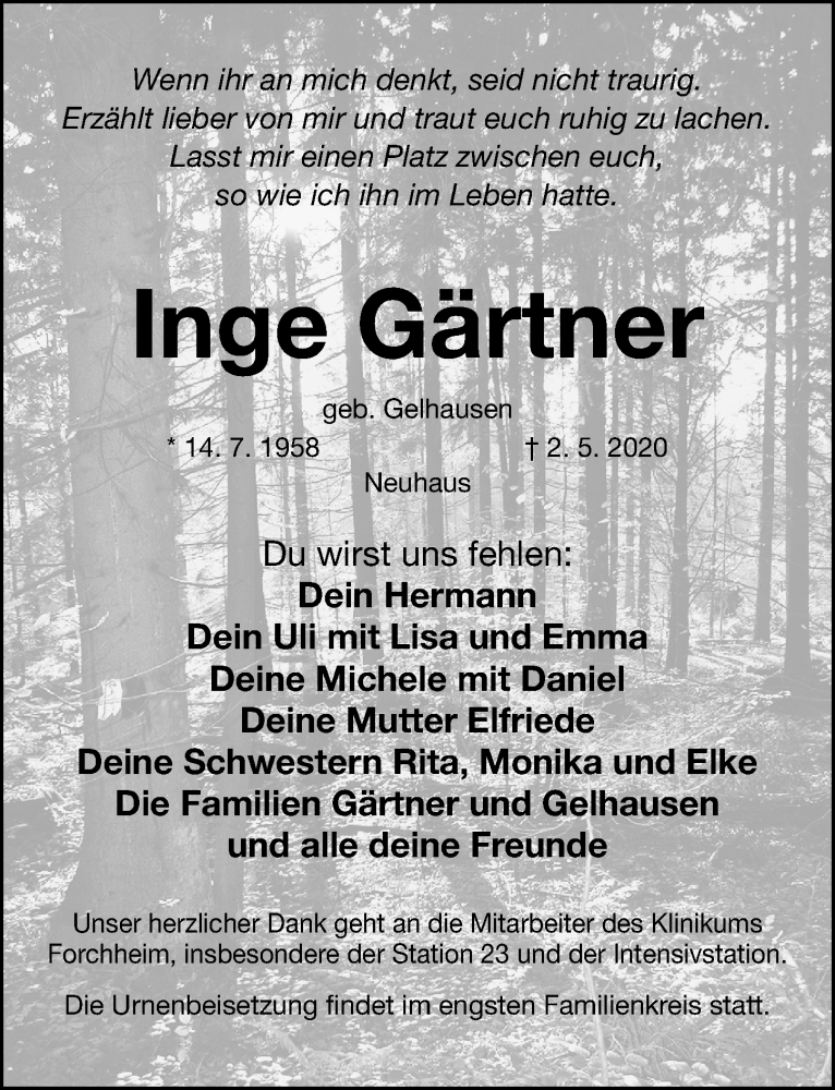  Traueranzeige für Inge Gärtner vom 09.05.2020 aus Nordbayerische Nachrichten Herzogenaurach Lokal