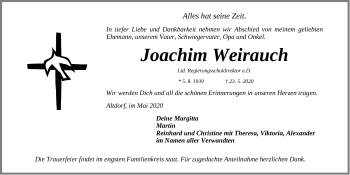 Traueranzeige von Joachim Weirauch von Gesamtausgabe Nürnberger Nachrichten/ Nürnberger Ztg.