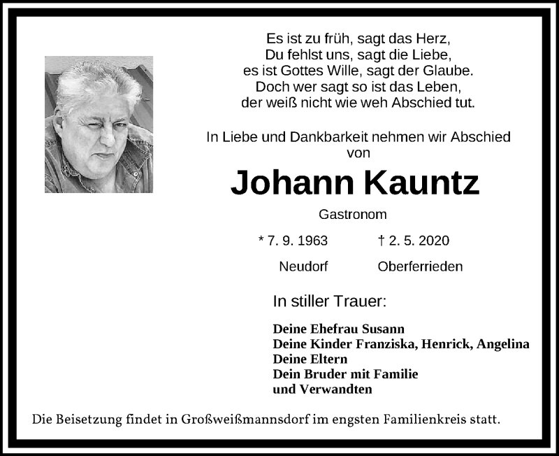  Traueranzeige für Johann Kauntz vom 09.05.2020 aus Gesamtausgabe Nürnberger Nachrichten/ Nürnberger Ztg.