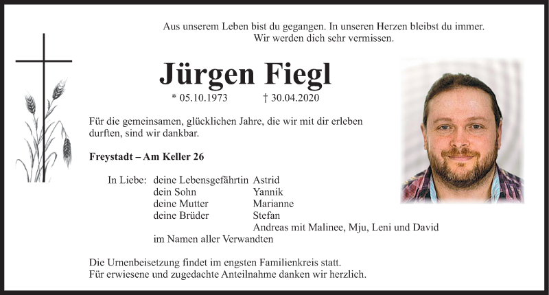  Traueranzeige für Jürgen Fiegl vom 05.05.2020 aus Neumarkter Nachrichten Lokal