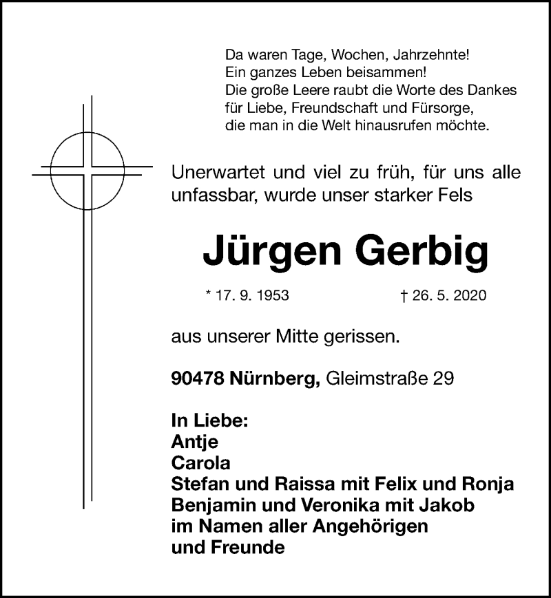  Traueranzeige für Jürgen Gerbig vom 30.05.2020 aus Gesamtausgabe Nürnberger Nachrichten/ Nürnberger Ztg.