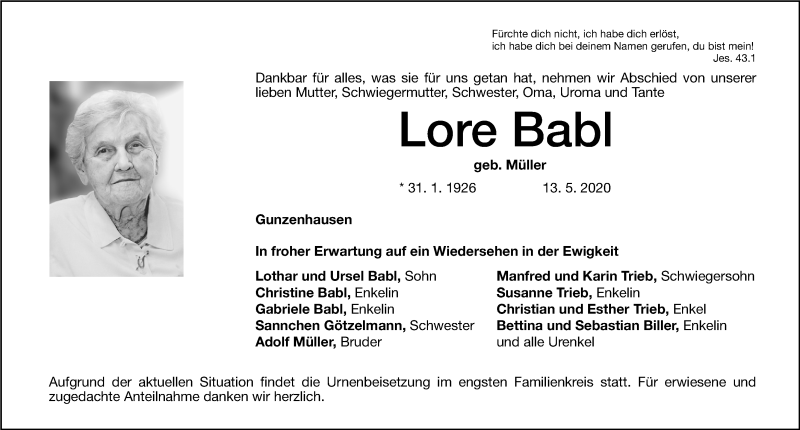  Traueranzeige für Lore Babl vom 25.05.2020 aus Altmühl-Bote Lokal