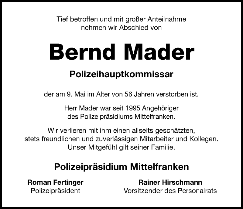  Traueranzeige für Bernd Mader vom 14.05.2020 aus Windsheimer Zeitung Lokal
