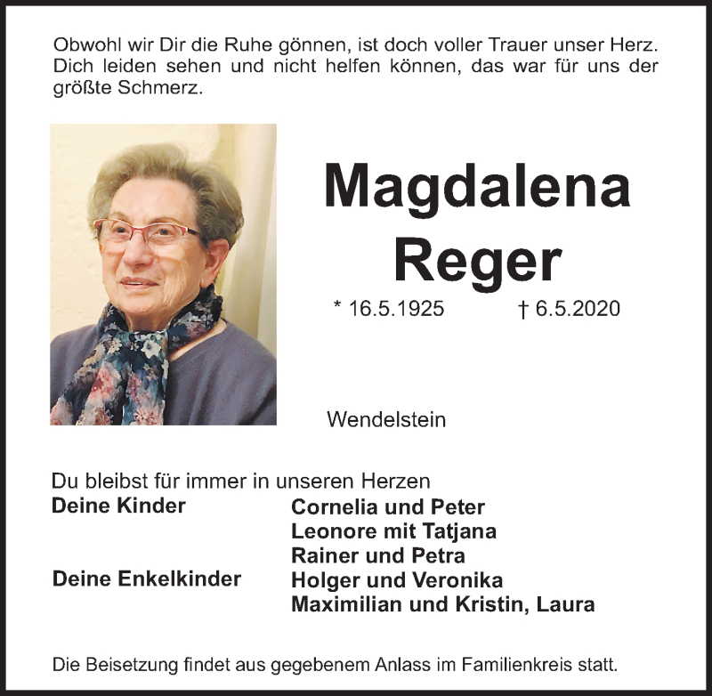  Traueranzeige für Magdalena Reger vom 16.05.2020 aus Gesamtausgabe Nürnberger Nachrichten/ Nürnberger Ztg.