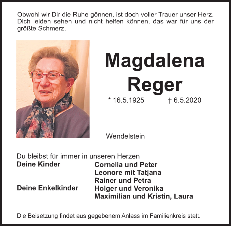  Traueranzeige für Magdalena Reger vom 16.05.2020 aus Schwabach