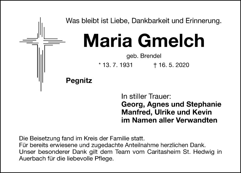  Traueranzeige für Maria Gmelch vom 30.05.2020 aus Nordbayer. Nachrichten Forchheim/ Nordbayer. Nachrichten Pegnitz