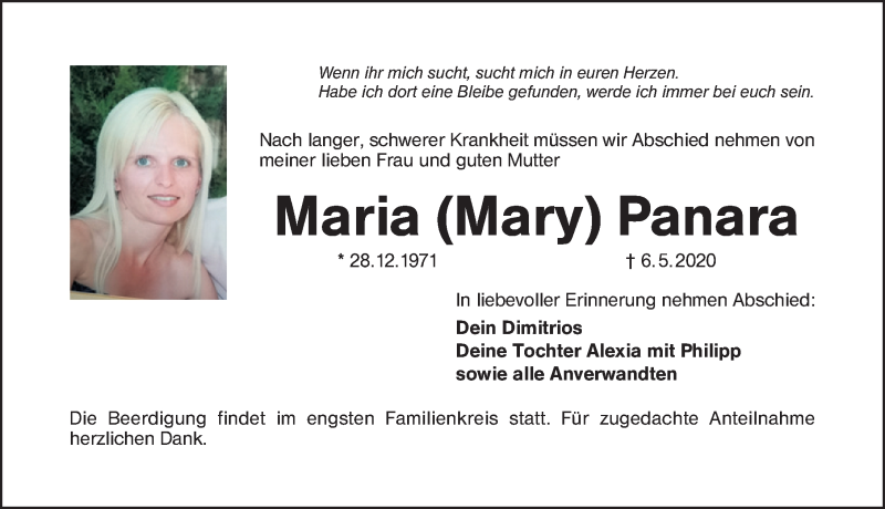  Traueranzeige für Maria Panara vom 09.05.2020 aus Schwabach