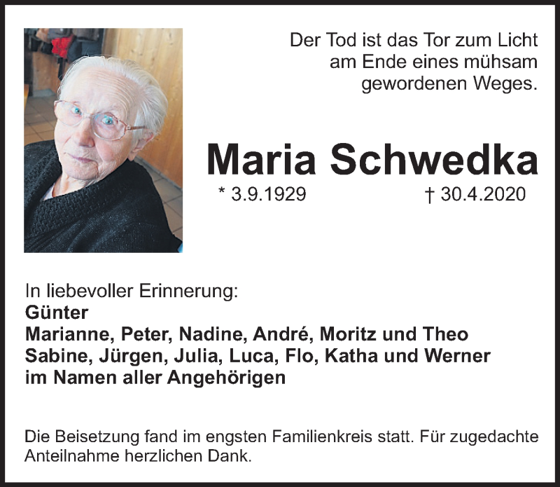  Traueranzeige für Maria Schwedka vom 09.05.2020 aus Schwabach