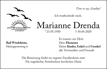 Traueranzeige von Marianne Drenda von Windsheimer Zeitung Lokal