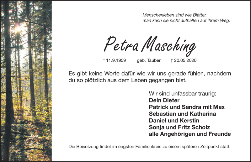  Traueranzeige für Petra Masching vom 30.05.2020 aus Fürther Nachrichten Lokal