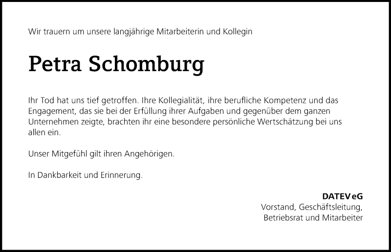  Traueranzeige für Petra Schomburg vom 29.05.2020 aus Gesamtausgabe Nürnberger Nachrichten/ Nürnberger Ztg.
