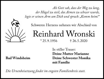 Traueranzeige von Reinhard Wronski von Windsheimer Zeitung Lokal