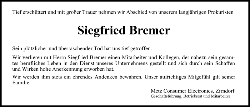  Traueranzeige für Siegfried Bremer vom 14.05.2020 aus Erlanger Nachrichten Lokal