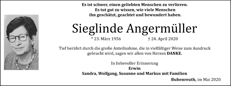  Traueranzeige für Sieglinde Angermüller vom 16.05.2020 aus Erlanger Nachrichten Lokal