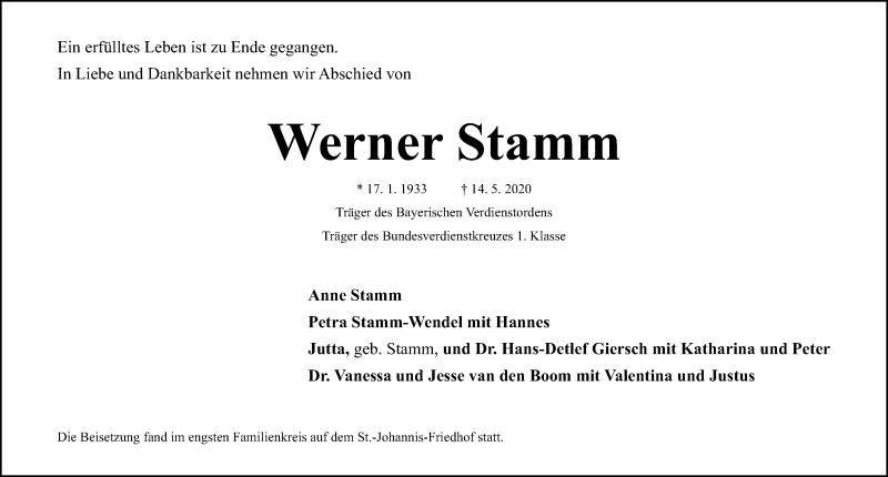  Traueranzeige für Werner Stamm vom 23.05.2020 aus Gesamtausgabe Nürnberger Nachrichten/ Nürnberger Ztg.