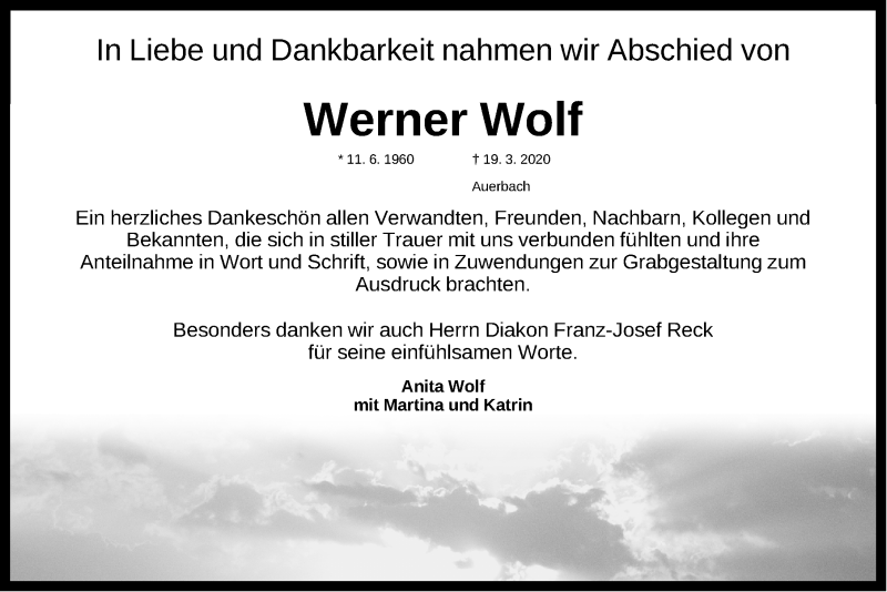  Traueranzeige für Werner Wolf vom 16.05.2020 aus Nordbayerische Nachrichten Pegnitz Lokal